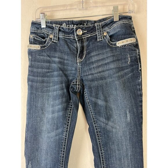 Grace in LA Jeans Sz 9/28 Flare 90s Y2K Low Rise Blinged Out Jeans Flap Pockets - Picture 2 of 9